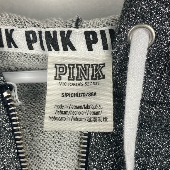 Pink Victorias Secret Sweater Womens Small Silver Sparkle Hooded Pullover - Picture 9 of 10